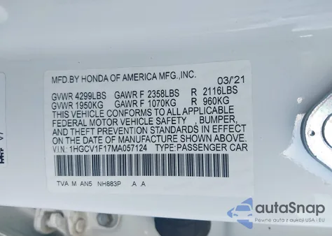 2021 Honda Accord Lx z USA, uszkodzony, nr VIN 1HGCV1F17MA057124
